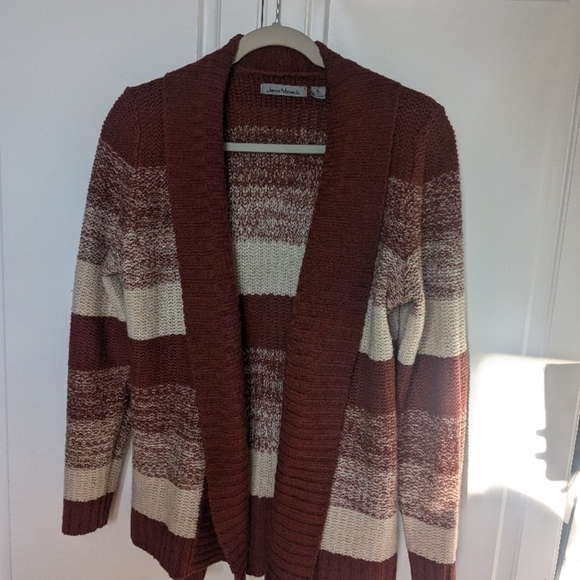Women's Striped Maroon and Beige Sweater - Picture 1 of 3